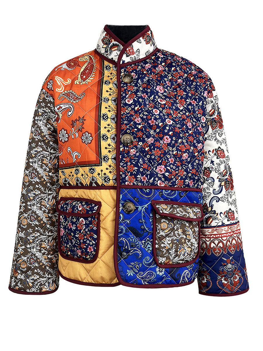 Combhasaki Women's Y2K Vintage Folk Floral Print Puffer Jacket Winter Warm Patchwork Quilted Coat Long Sleeve Button Up Outwear