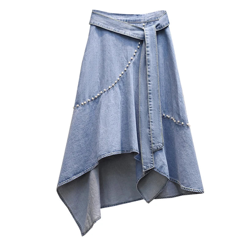 EHQAXIN Women's Casual Denim Skirt 2024 Summer New Simple Irregular Lace-Up Beaded Loose Denim Skirt Ladies Fashion Youth L-4XL - reetell