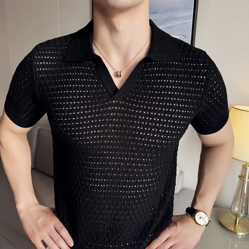 Men's Polo Shirt 2024 Summer New Light and Thin Knitted Hollow Solid Color Casual Short Sleeved V-neck T-shirt Men's Clothing