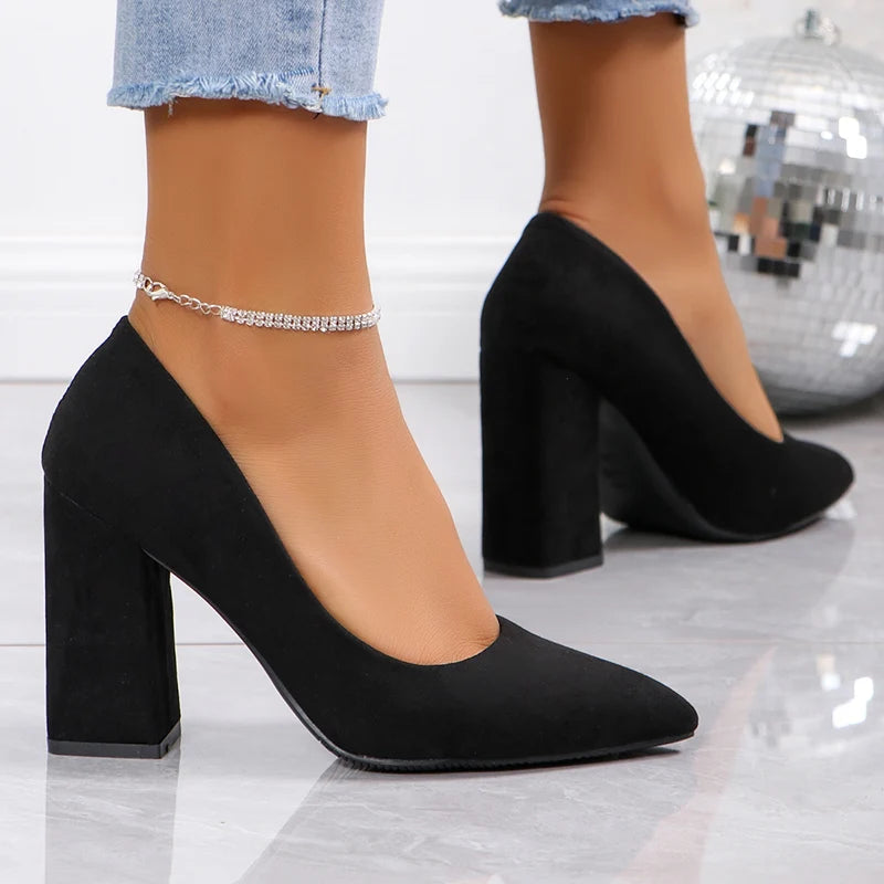 Sexy Black Square Heels Office Shoes Women Pointed Toe Slip-On High Heels Pumps Woman Autumn Shallow Suede Dress Shoes Female