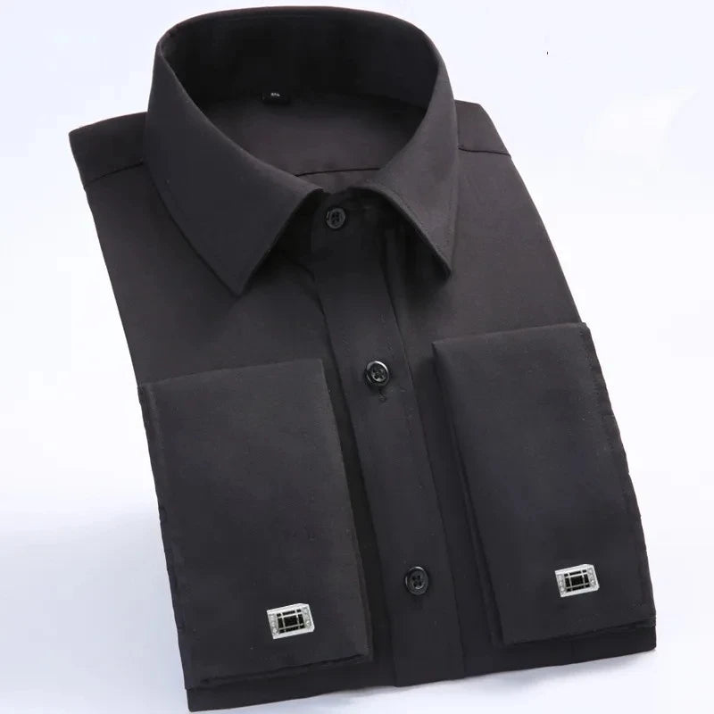 Men's French Cuff Dress Shirt 2023 New White Long Sleeve Formal Business Buttons Male Shirts Regular Fit Cufflinks Shirt M~6XL