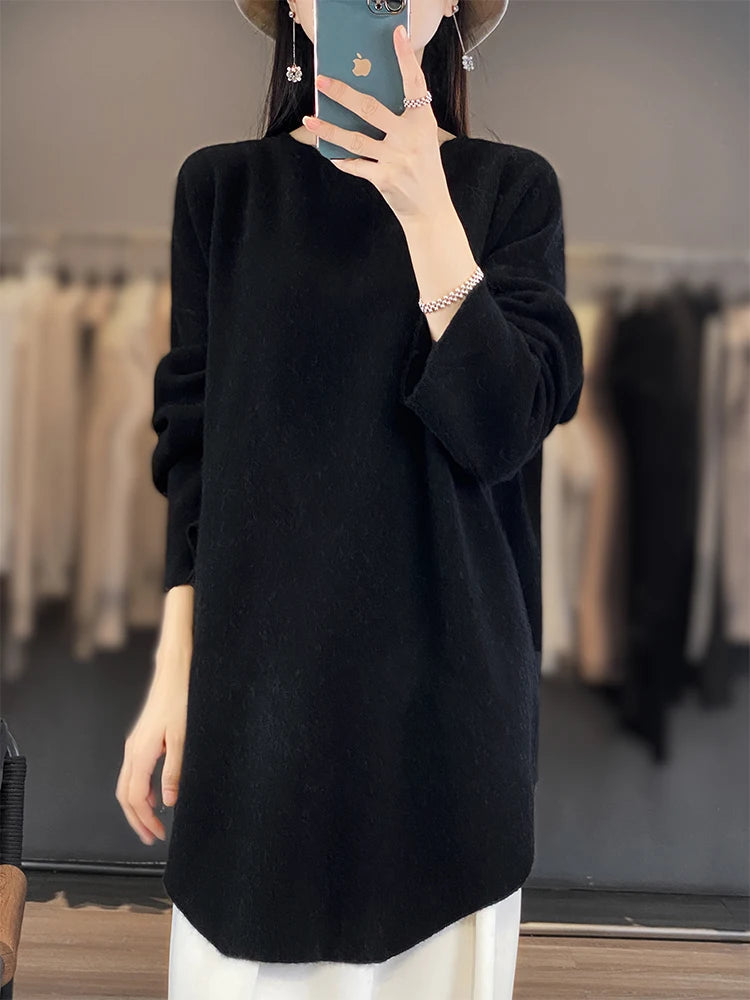 Fashion Women Round Collar Sweater 100% Merino Wool Pullovers Autumn Winter Loose Cashmere Knitwear Female Clothes Korean Tops - reetell