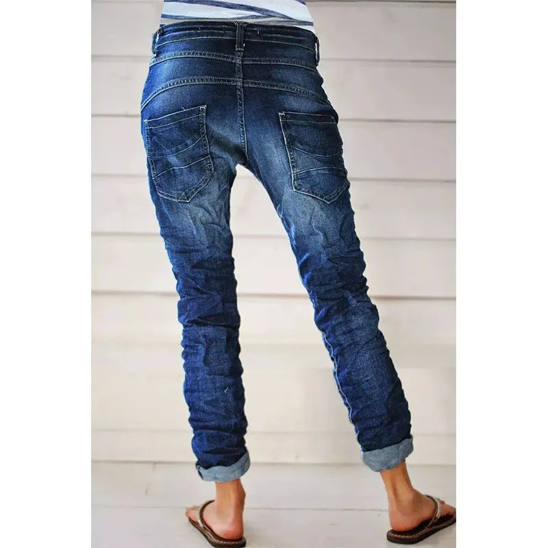 Midiross Vintage Button Fly Stitch Trim Low Waist Blue Jeans for Women 2023 New Fashion Black Jeans - reetell