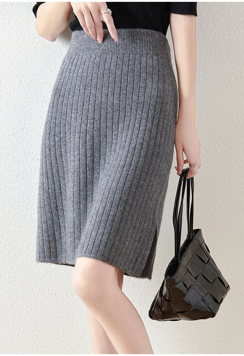 Women's Knitted Skirt 100% Merino Wool Sheath Skirt Solid Color Autumn/Winter Fashion Vertical Strip Wrap Hip Skirt Split Skirt - reetell