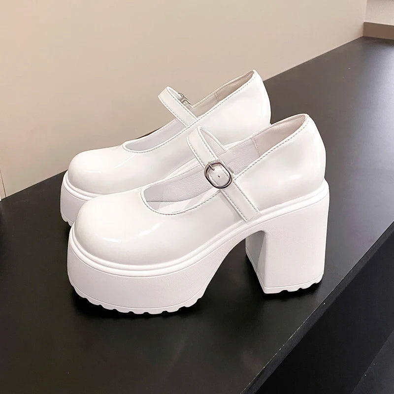 Fashion White Platform Pumps for Women Super High Heels Buckle Strap Mary Jane Shoes Woman Goth Thick Heeled Party Shoes Ladies