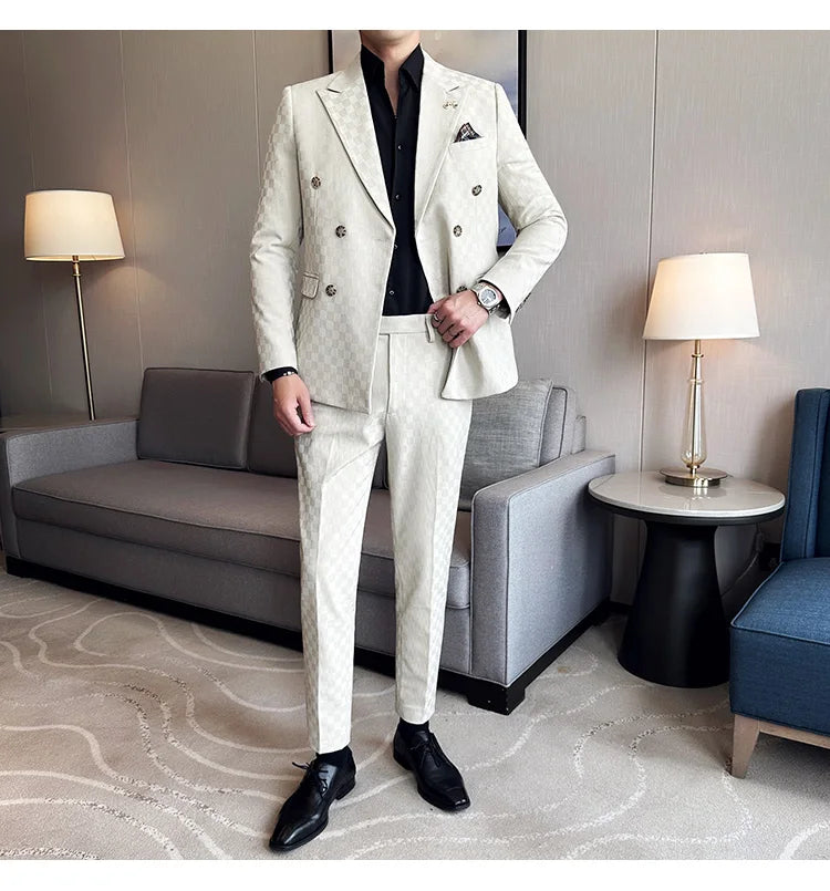 (Jacket+Pants) 2 Pieces Blue Apricot Business Party Men Suits Double Breasted Formal Style Custom Made Wedding Groom Tuxedos - reetell