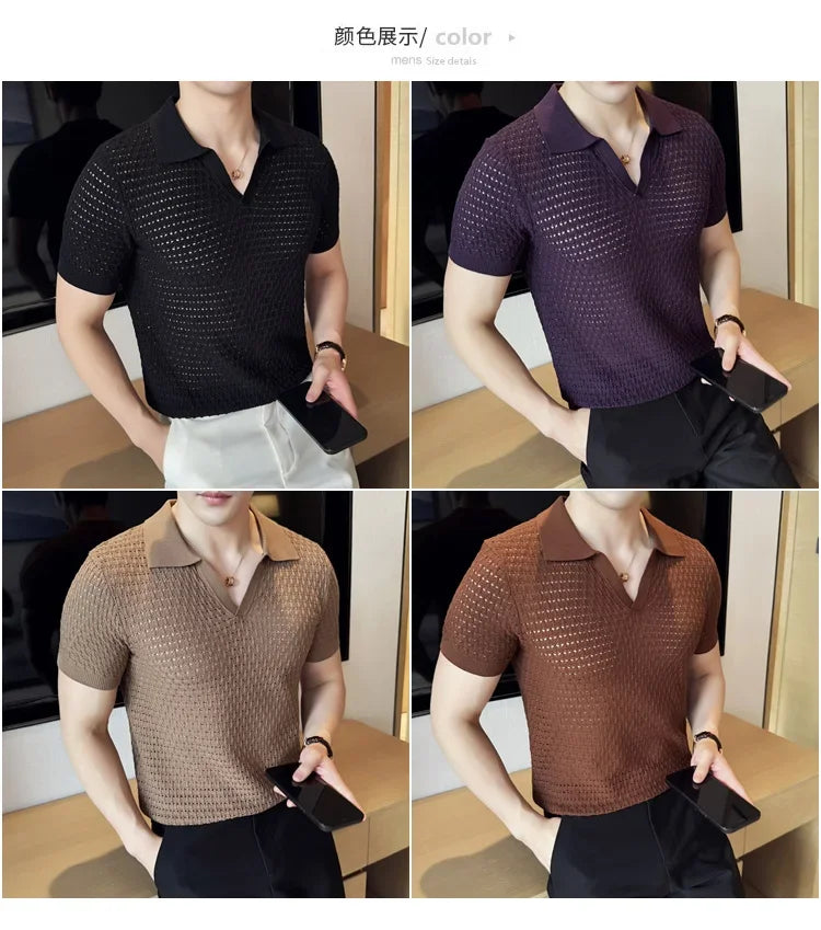 Men's Polo Shirt 2024 Summer New Light and Thin Knitted Hollow Solid Color Casual Short Sleeved V-neck T-shirt Men's Clothing