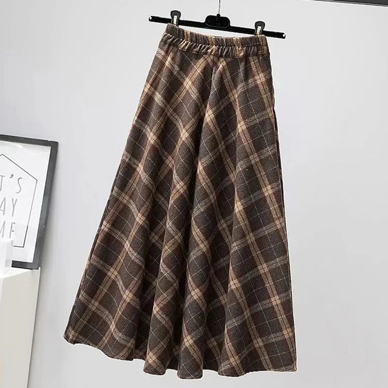 Rimocy Autumn Winter Woolen Skirt Women 2023 Korean Style Thick High Waist Long Skirt Woman A Line Pleated Plaid Skirt Female - reetell