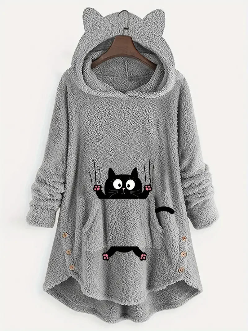 Autumn and Winter Plush Cartoon Printed Long Sleeved Pullover with Hooded Pocket, Loose Casual Hoodie for Women - reetell