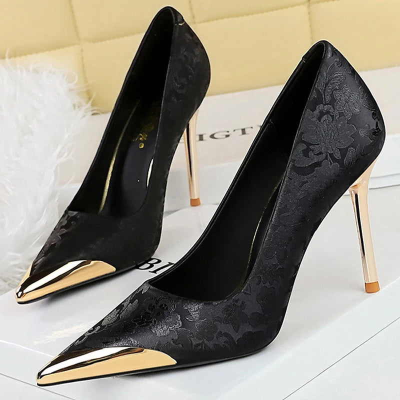 BIGTREE Shoes Metal Pointed End Women Pumps Silks Satins High Heels Ethnic Style Women Stilettos Heels 10 Cm Banquet High Heels