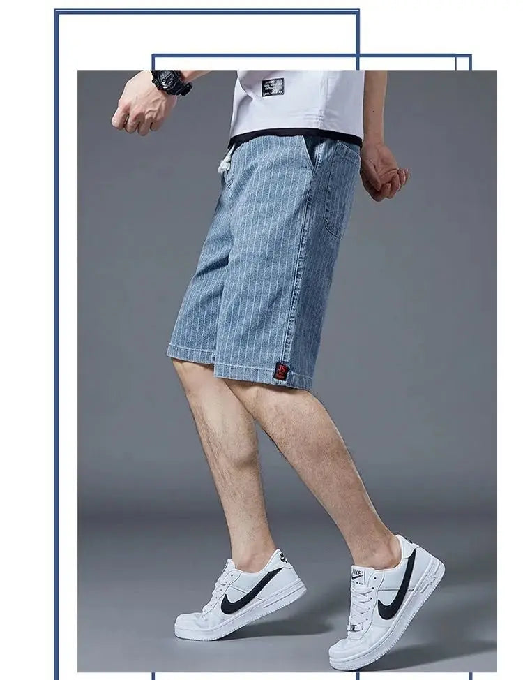 Summer Men Casual Striped Denim Shorts Koreon Streetwear Fashion Elastic Waist Baggy Male Thin Beach Sports Knee Length Jeans - reetell