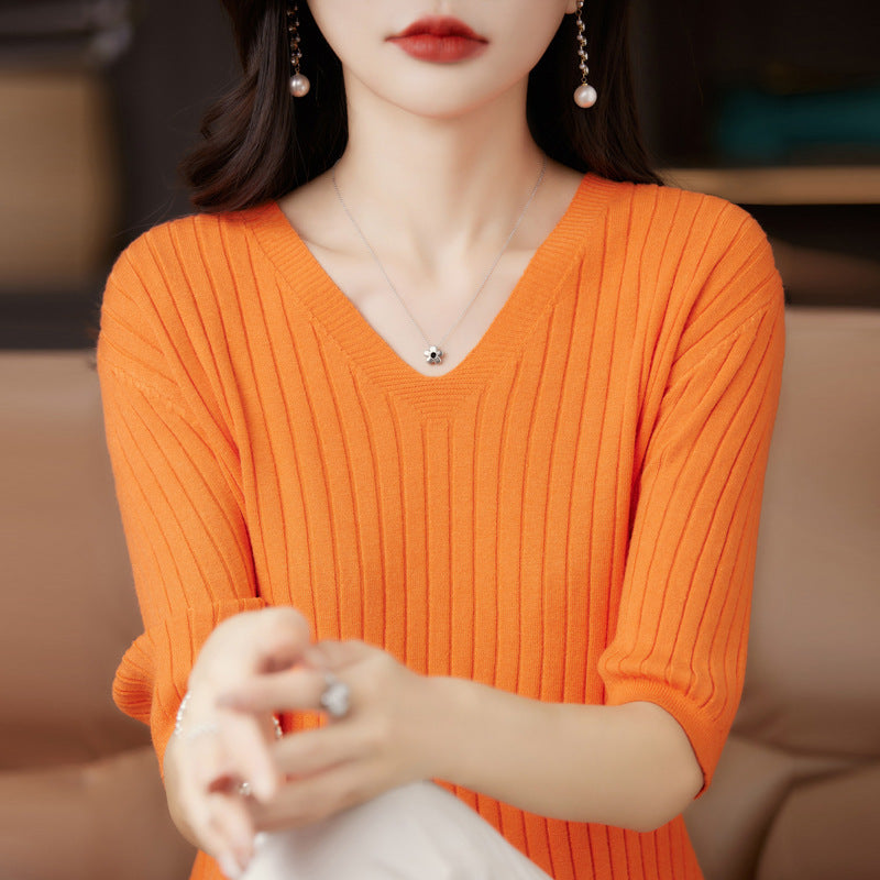 Women Sweater Short Sleeve V-neck Stripe Knitwears Slim Fit Shirt Korean Fashion Pullovers Thin Knit Tops 2024 Bottoming Shirts - reetell