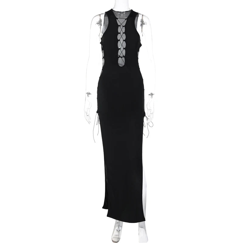 Hawthaw Women Sexy Party Club Evening Bodycon Hollow Out Black Long Dress 2023 Summer Clothes Wholesale Items For Business - reetell