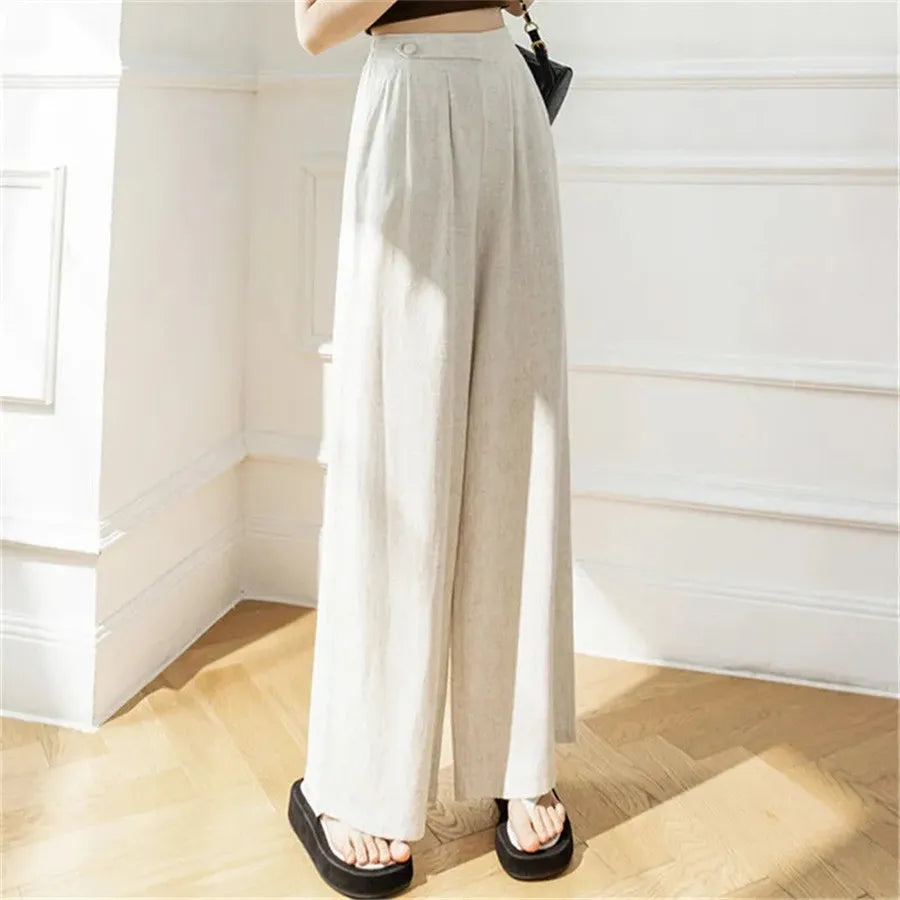 Summer New Cotton Linen Hig Waist Wide Leg Pants Mom's Straight Sweatpant Women 4xl Big Size Trousers Casual Baggy Pantalones - reetell