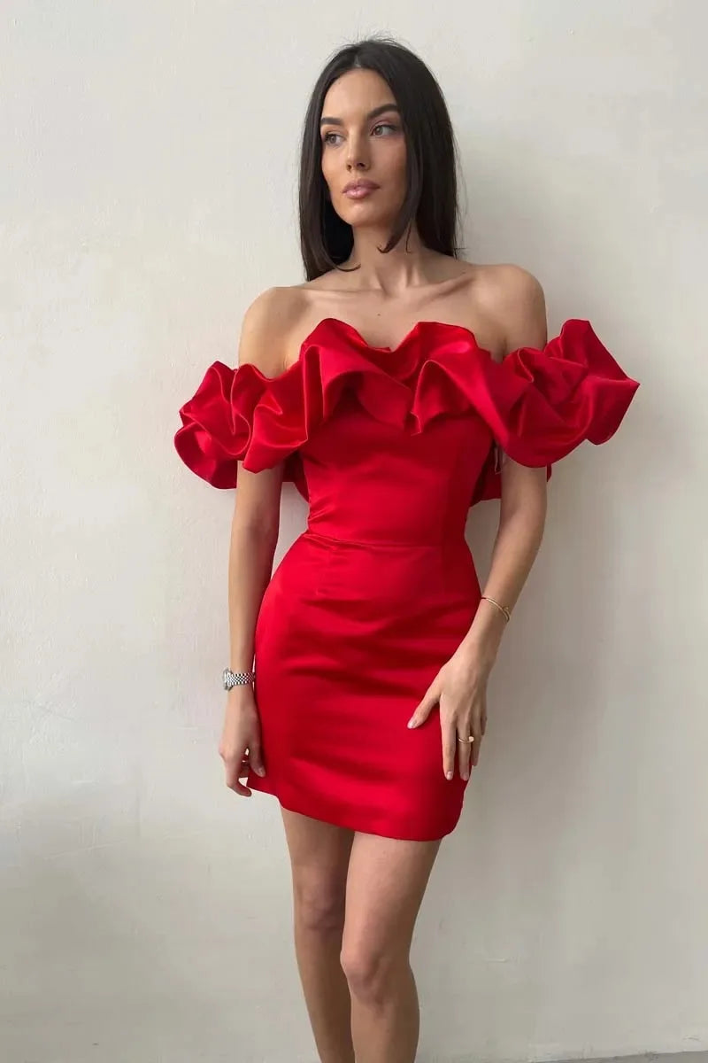 2024 Summer Women Ruffles Slash Neck Bodycon Package Hip Party Dress Sexy Streetwear Backless Strapless Mini Evening Dresses Y2K - reetell