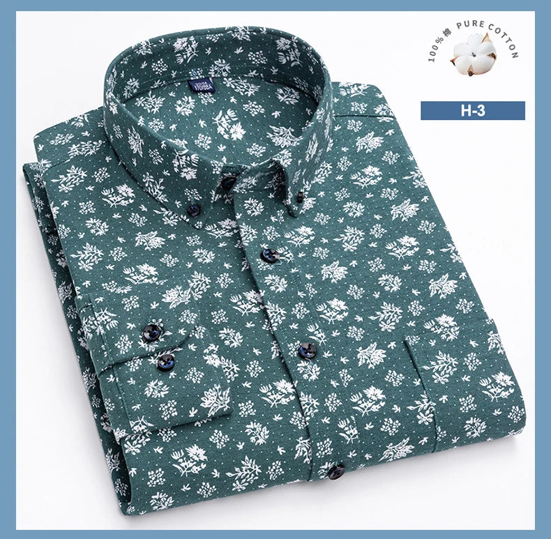 Men’s 100% Cotton Long Sleeve Shirts Vintage Floral Print Breathable Office Dress Shirt Casual Fashion Standard Workwear Shirts - reetell