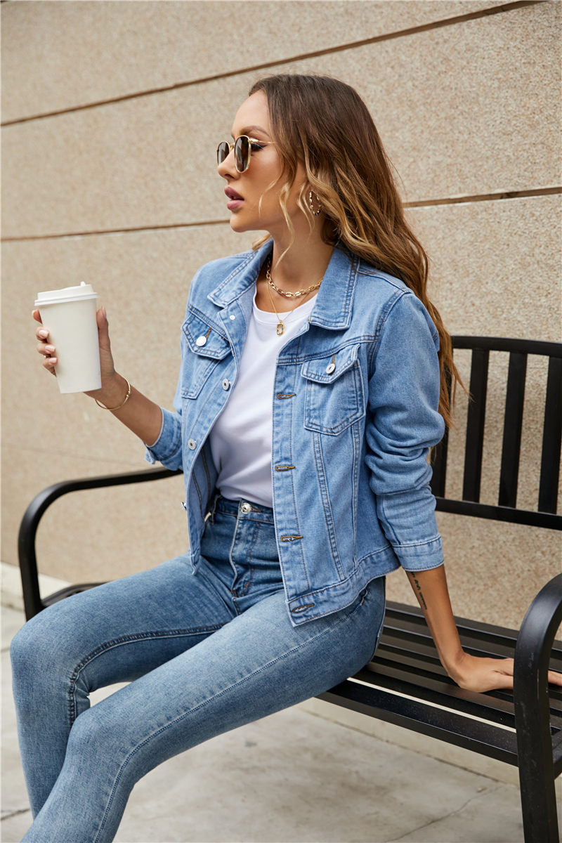 Women's Denim Jackets Fashion Female Casual Long Sleeve Lapel Solid Button Down Chest Pocket Slim Jean Jacket Fall Winter Coat