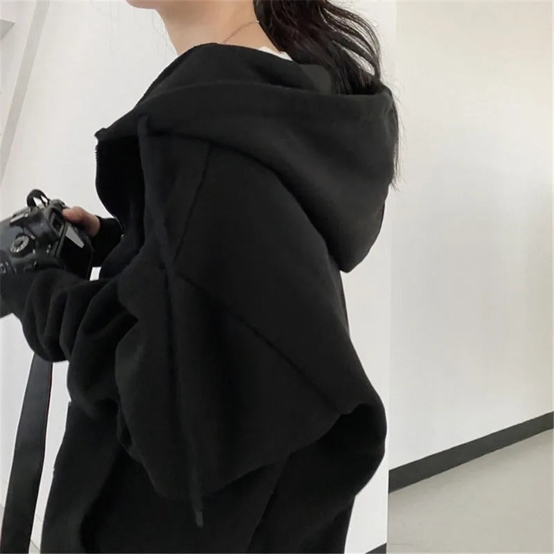 Lucyever Gray Zip Up Hoodie Coat Women Streetwear Harajuku Oversized Hood Jacket Female Autumn Retro Solid Color Sweatshirts - reetell