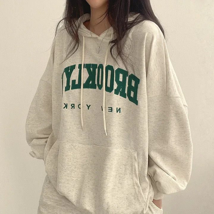 BROOKLYN Letter Print Hoodies Women Retro Chic Long Sleeve Loose Pullovers 2024 Harajuku Casual Hooded Sweatshirt Y2K Streetwear - reetell