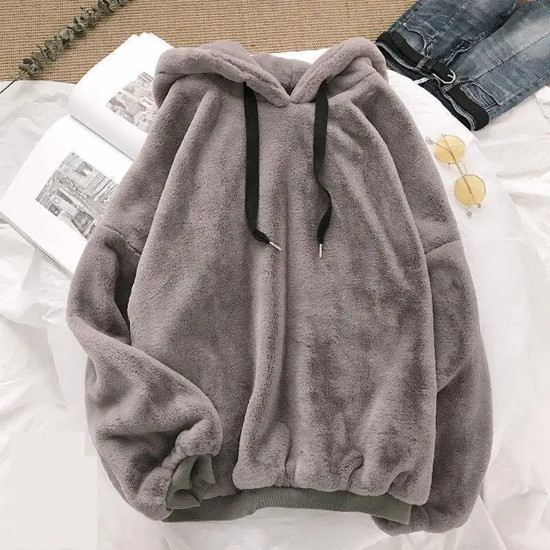 Autumn Winter Fleece-lined Hooded Long-sleeve Sweatshirt Women Hoodies Fashion Loose Couple's Warm Plush Coat Lazy Style Tops - reetell