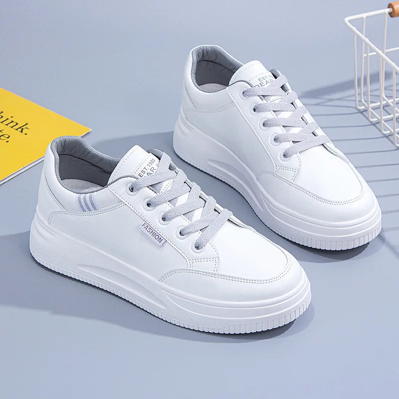 Women White Sneakers Autumn Lace Up Thick Bottom Casual Flats Anti-slip Outdoor Walking Sports Board Shoes Sapatos Femininos