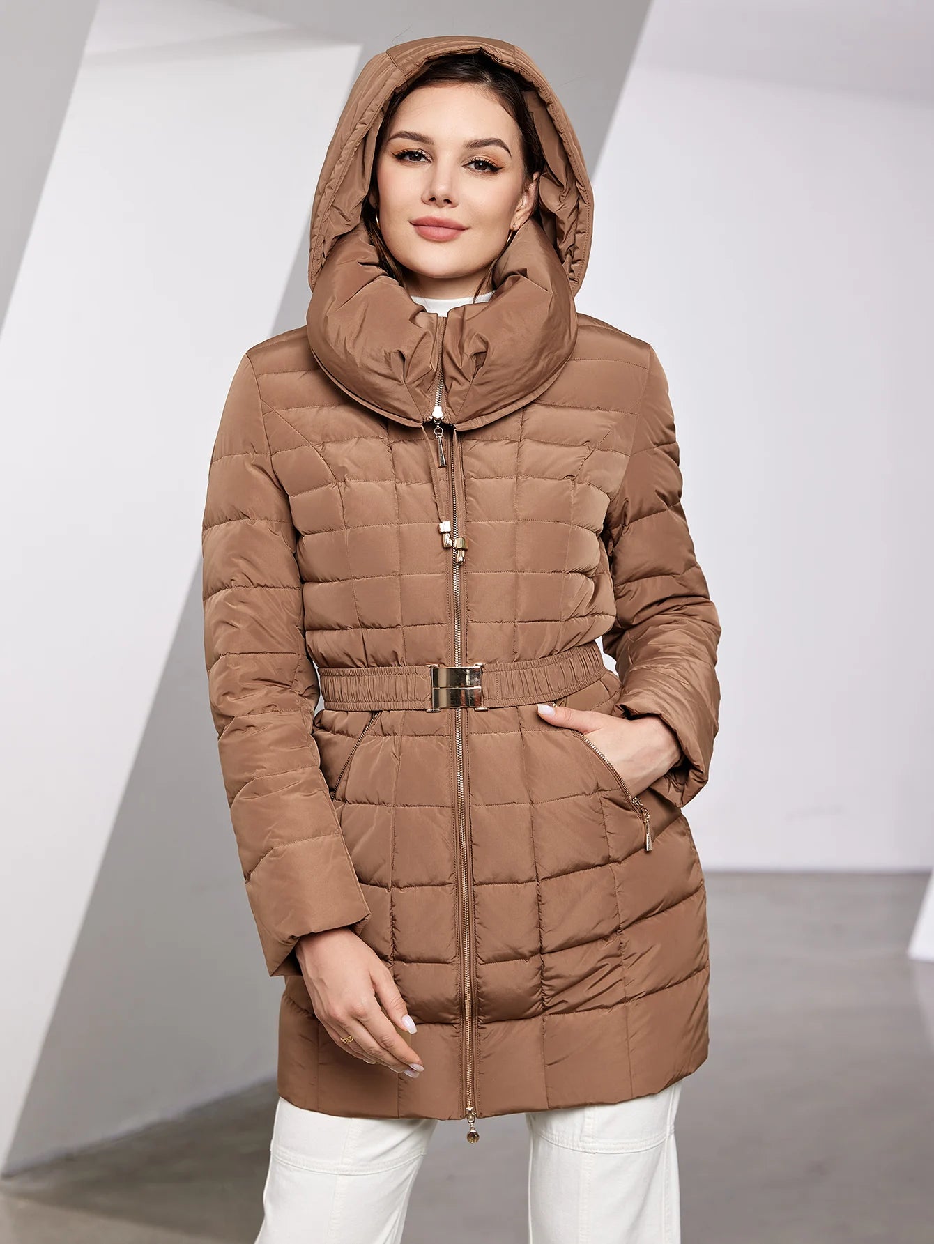 Astrid 2023 New Women's Winter Jacket Hooded Belt Long Parkas Warm Padding Puffer Plaid Quilted Coat Down Jacket Thick Snow Wear