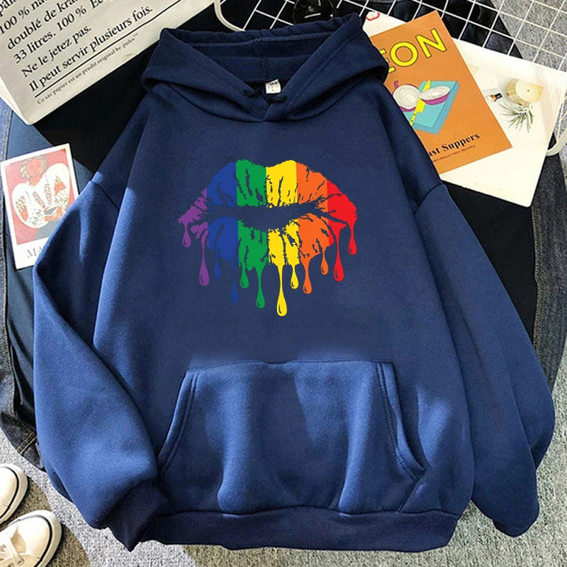 Women'S Winter Autumn Fashion Hooded Casual Long Sleeve Lgbt Pride Rainbow Lips Hoodies Sweatshirts Loose Pullover - reetell