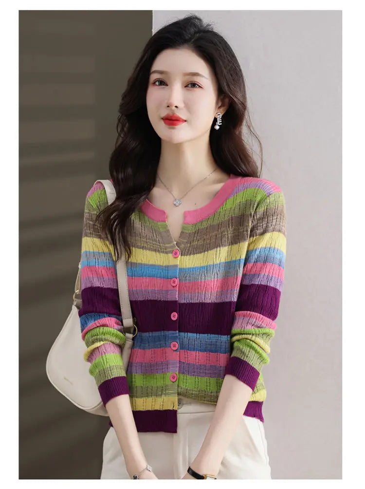 Fashion Women Clothing Colorful Striped Cardigan Sweater Spring Autumn New Korean Versatile Casual Long Sleeve Knitted Coats - reetell