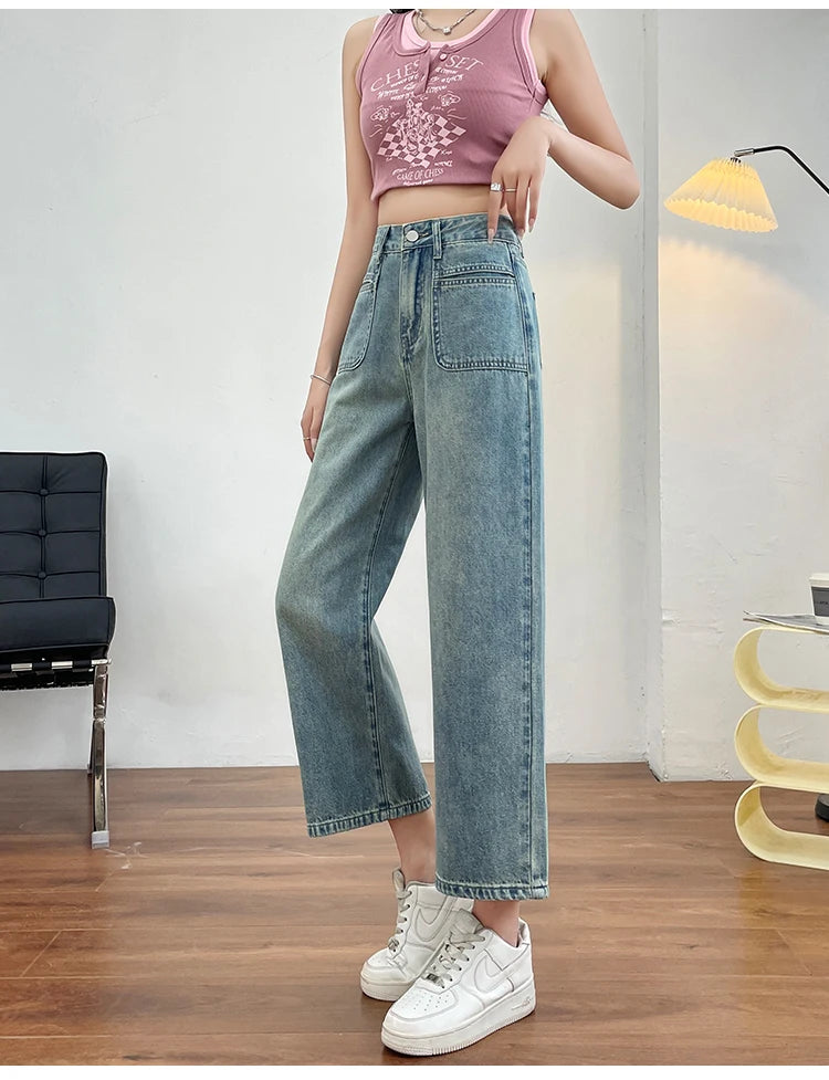 No stretch women jeans new straight leg wide streetwear high waist boyfriend pockets denim trousers cargo pants japanese y2k - reetell