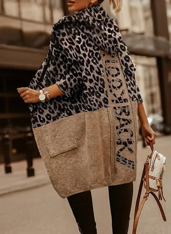 Leopard Cardigan Women Knitted Sweater Pullovers Autumn Winter Warm Thick Jumpers Maxi Brown Crochet Y2k Long Sleeve Jumper - reetell