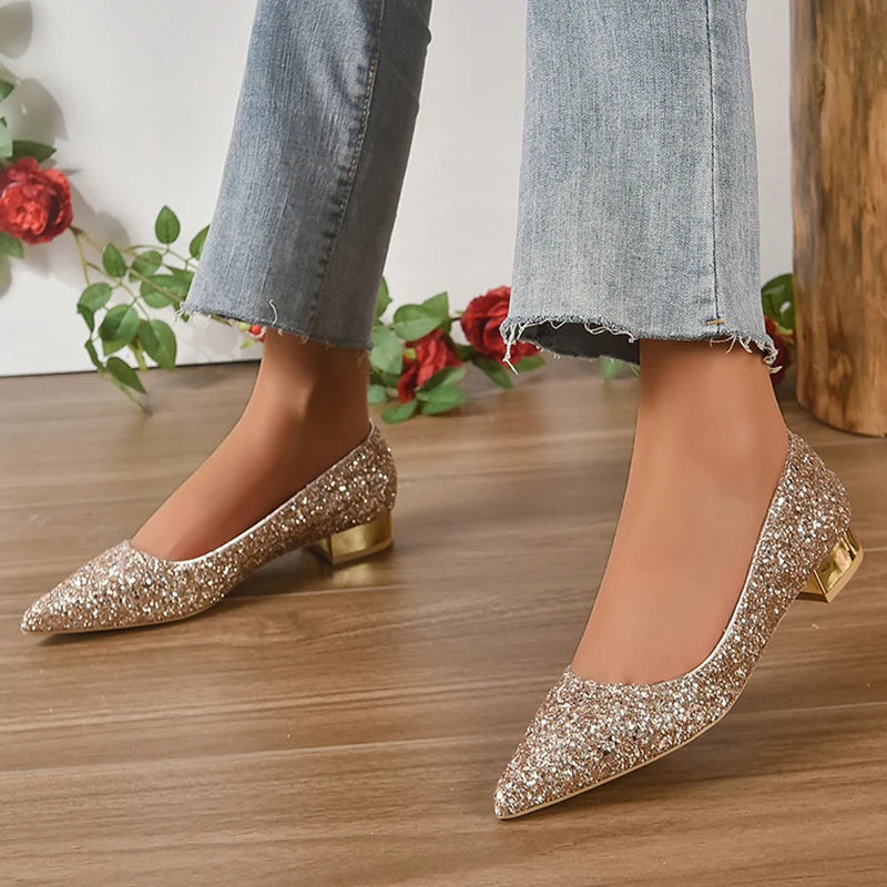 Gold Low Heels Pumps Women 2023 Spring Shiny Sequins Pointed Toe Party Shoes Woman Plus Size Simple Thick Heeled Bride Shoes