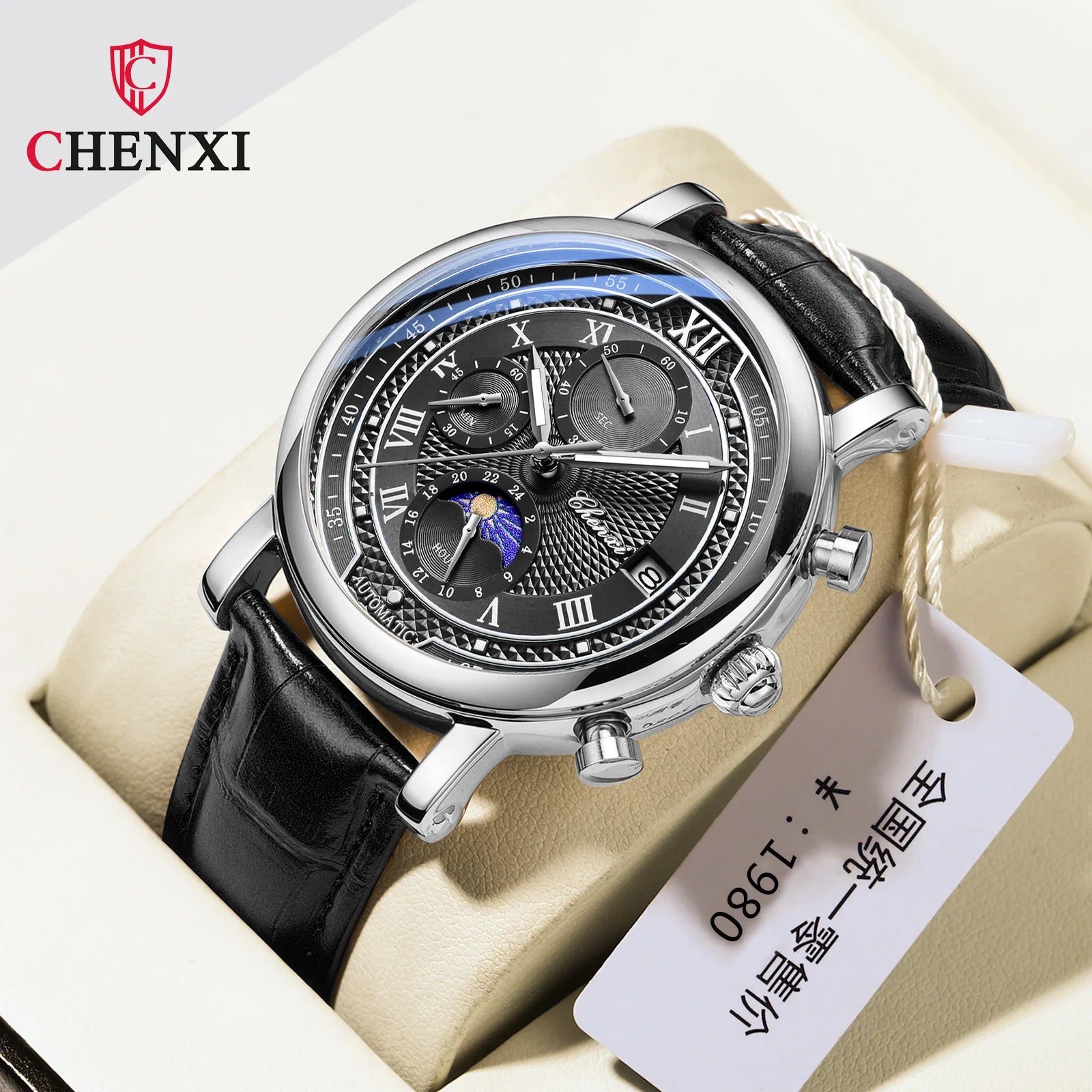 Chenxi 976 Leather Chronograph Date Men's Phase Of The Moon Timing Business Luminous Quartz Watch Relojes para hombres