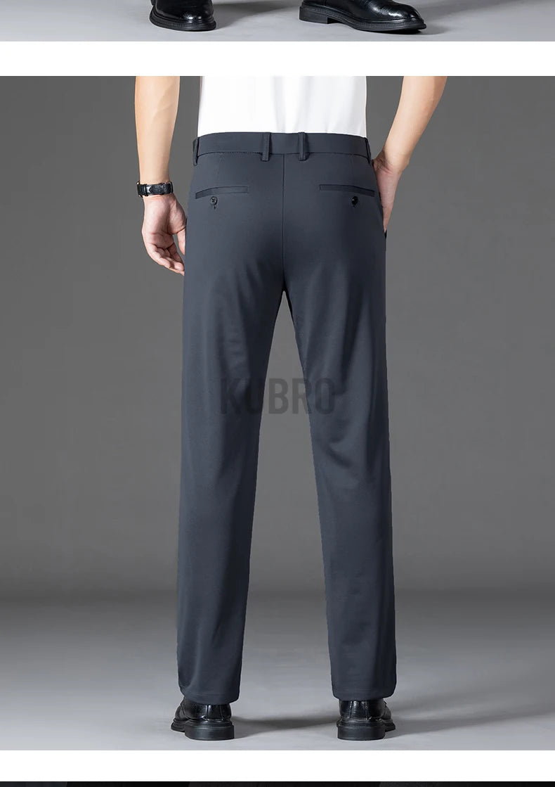 KUBRO Men's Summer Thin Fashion Business Casual Suit Pants Long Pants Men's Elastic Straight Sleeve Formal Pants Plus Size 2024 - reetell