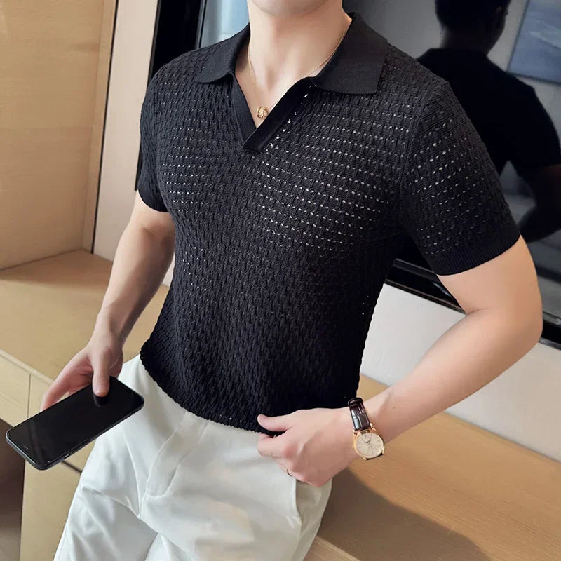 Men's Polo Shirt 2024 Summer New Light and Thin Knitted Hollow Solid Color Casual Short Sleeved V-neck T-shirt Men's Clothing