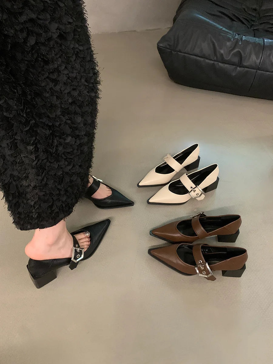 Retro Pointed Mary Jane Small Leather Shoes for Women 2024 Autumn and Winter New Korean Version of Chunky Heel Loafers