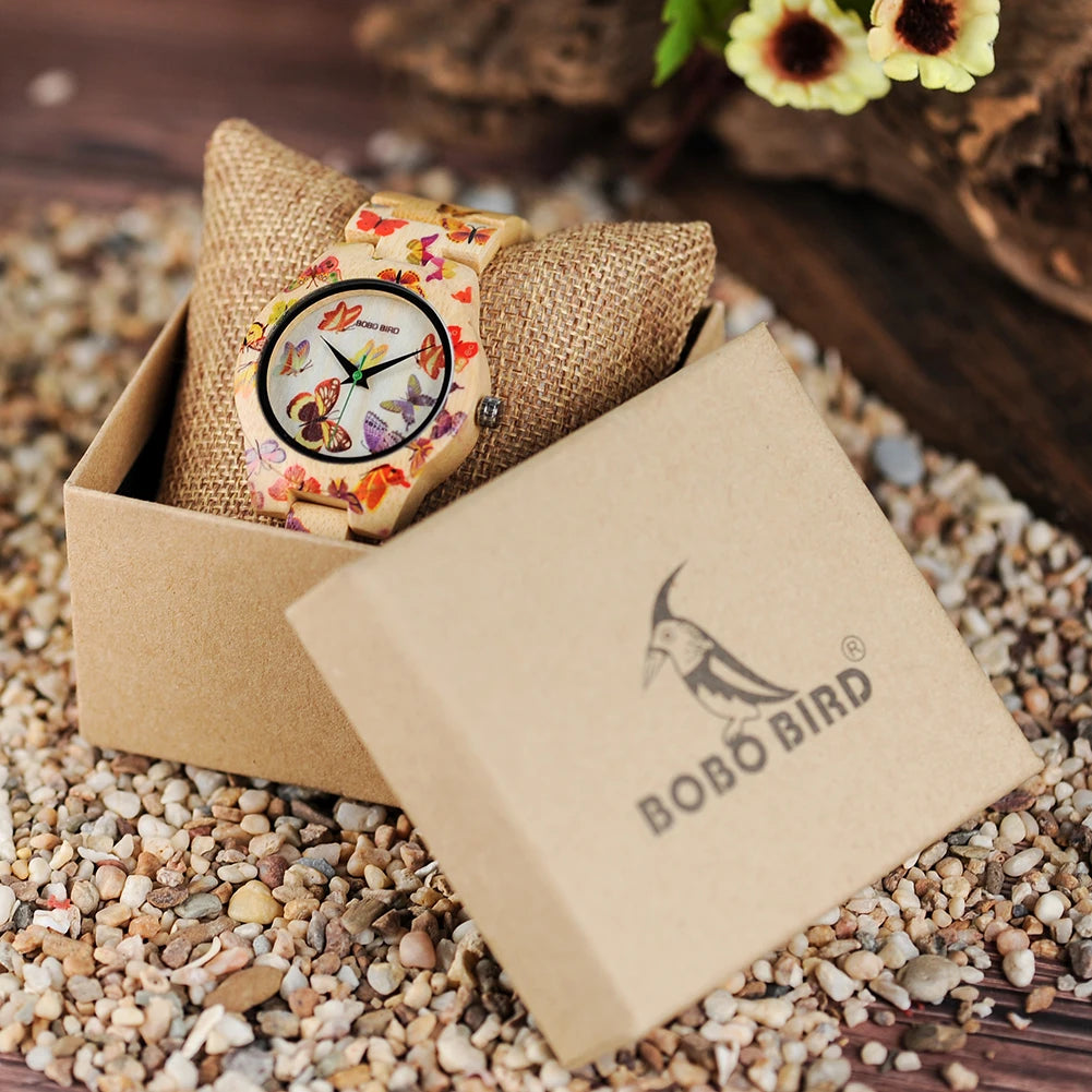 BOBO BIRD Wood Women Watches Luxury Engraved Handmade Ladies Quartz Wristwatch Wooden Pattern Printed Floral Casual Watch