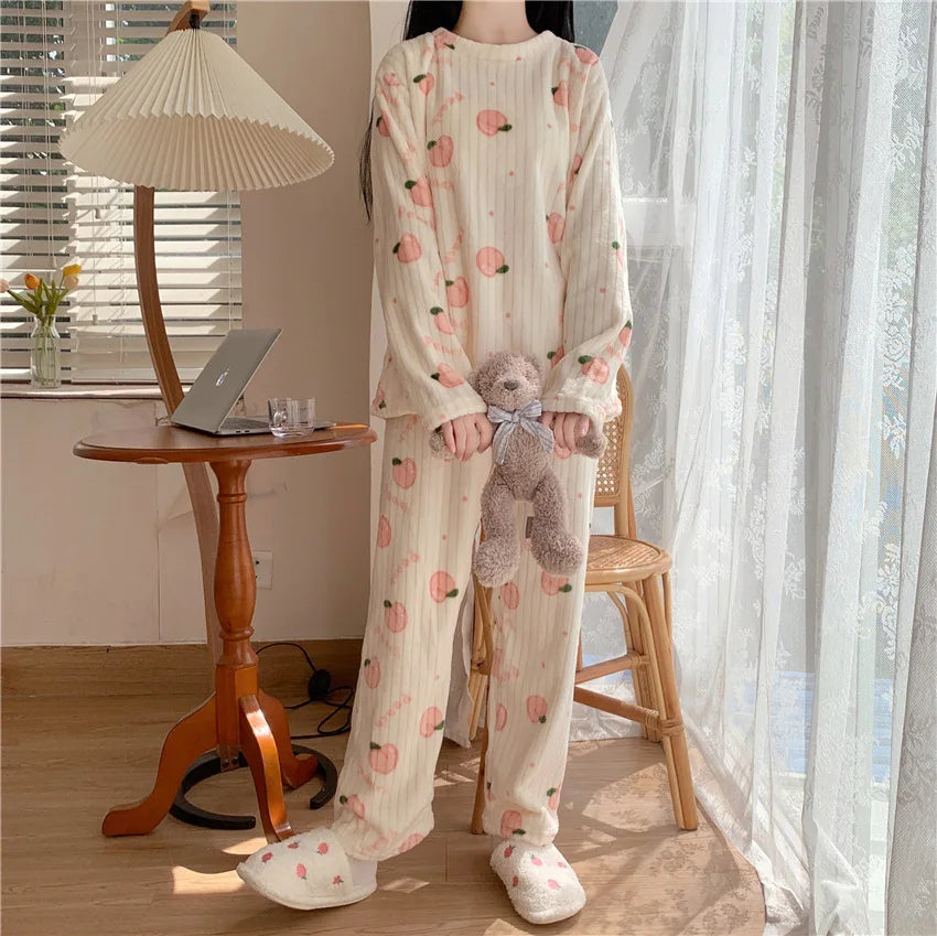 Autumn Women Solid Warm 2 Piece Sets Thicken Velvet Ribbed Fleece Set Pullover And Pants Women Casual Pajama Sets 2024 - reetell