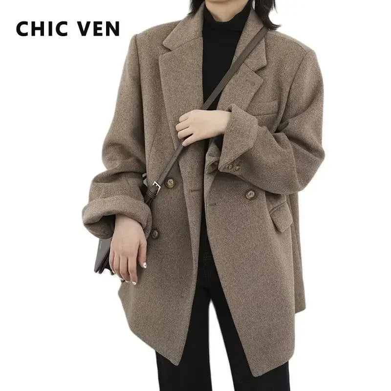 CHIC VEN Women Wool Blend Coat Solid Mid Long Woolen Blazer Thick Warm Blouse Women's Overcoat Office Lady Tops Autumn Winter - reetell