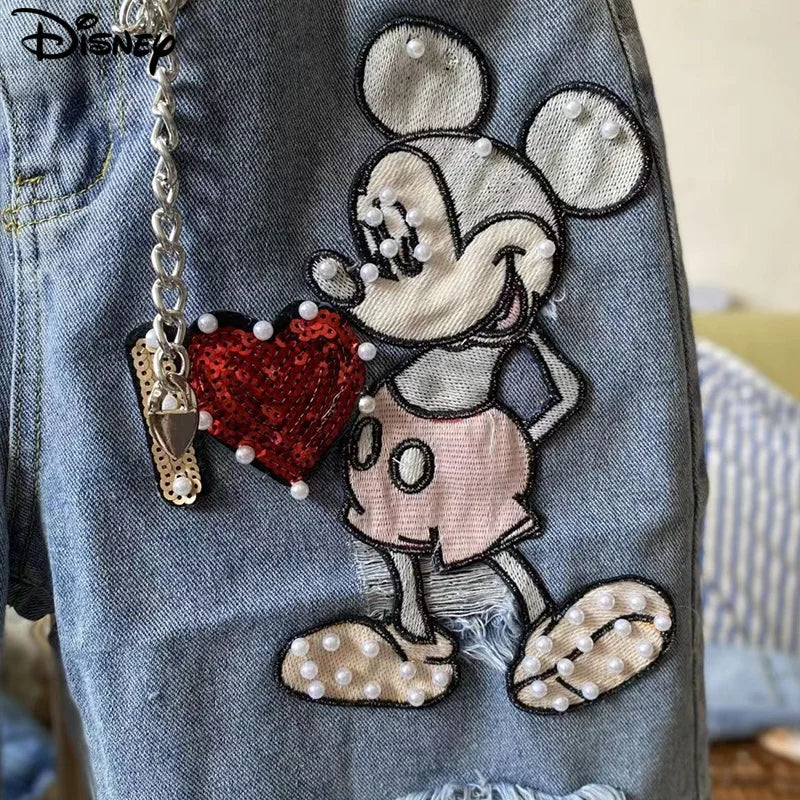 Disney New Arrival Top Fashion Cotton Women Embroidery Beading Mickey Mouse Female Summer Big Irregular Flash High Waist Short - reetell