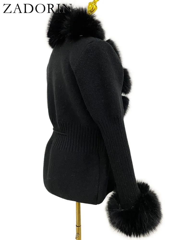 ZADORIN Luxury Fur Cardigan Knit Winter Sweater Women Elegant Detachable Fur Belt White Pink Black Womens Cardigan Korea Style - reetell