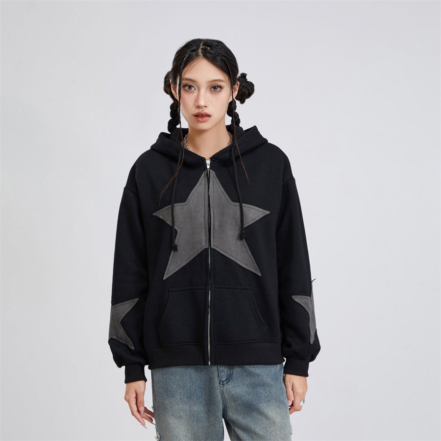 wsevypo Grunge Retro Star Print Hoodies Autumn Women's Long Sleeve Zip-up Hooded Sweatshirts with Front Pocket Street Outwear - reetell