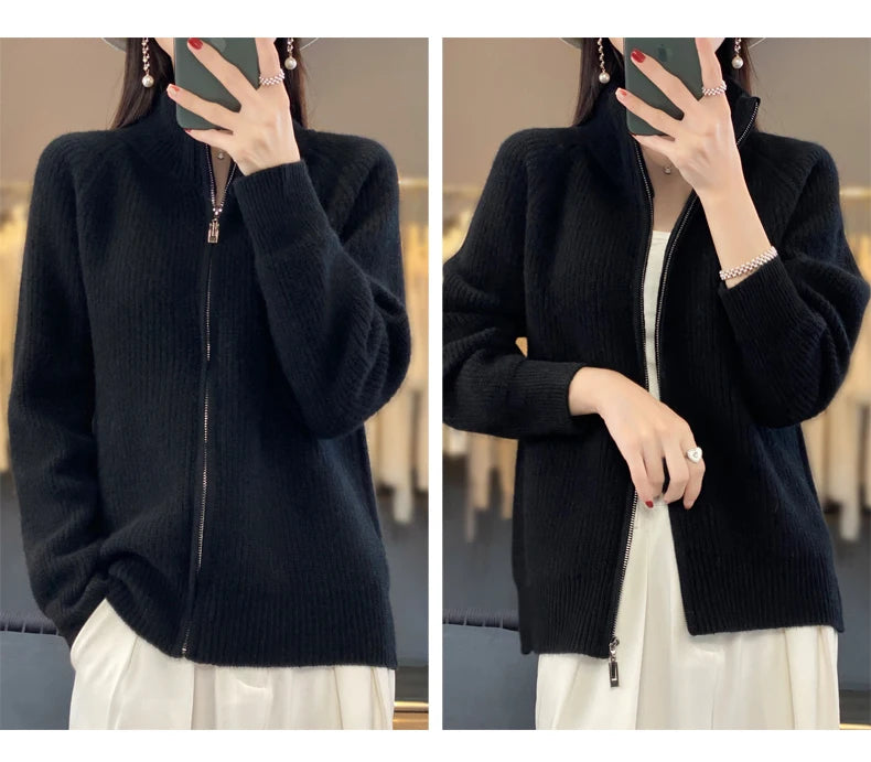 100% Pure Wool Zipper Cardigan Padded Shoulder Stand Collar Women's Cashmere Knitted Coat New Lapel Sweater - reetell