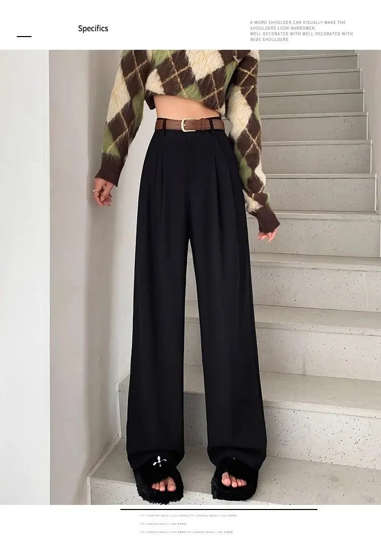 Fashion High Waist Wide Leg Pants Women Spring Fall Baggy Black Trouser Office Ladies Full Length Straight Suit Pant Outwear New - reetell