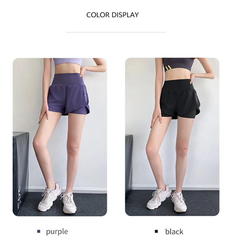 Gym Sport Shorts Women Elastic High Waist Short Pants With Pockets Fake Two Pieces Yoga Leggings Running Training Shorts - reetell