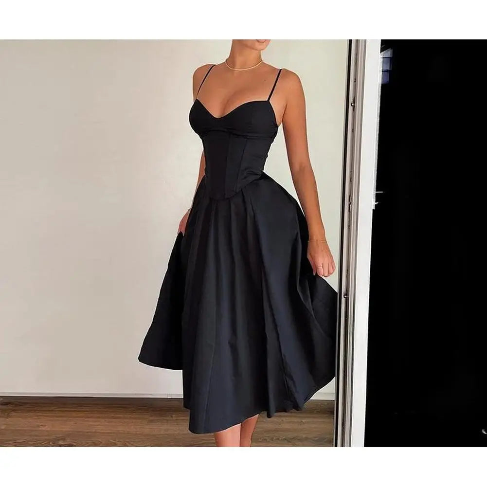 Women's Spaghetti Strap Short Dresses Summer Low Cut Flowy Pleated Hem Evening Party Dresses Elegant Corset Female Midi Dresses - reetell