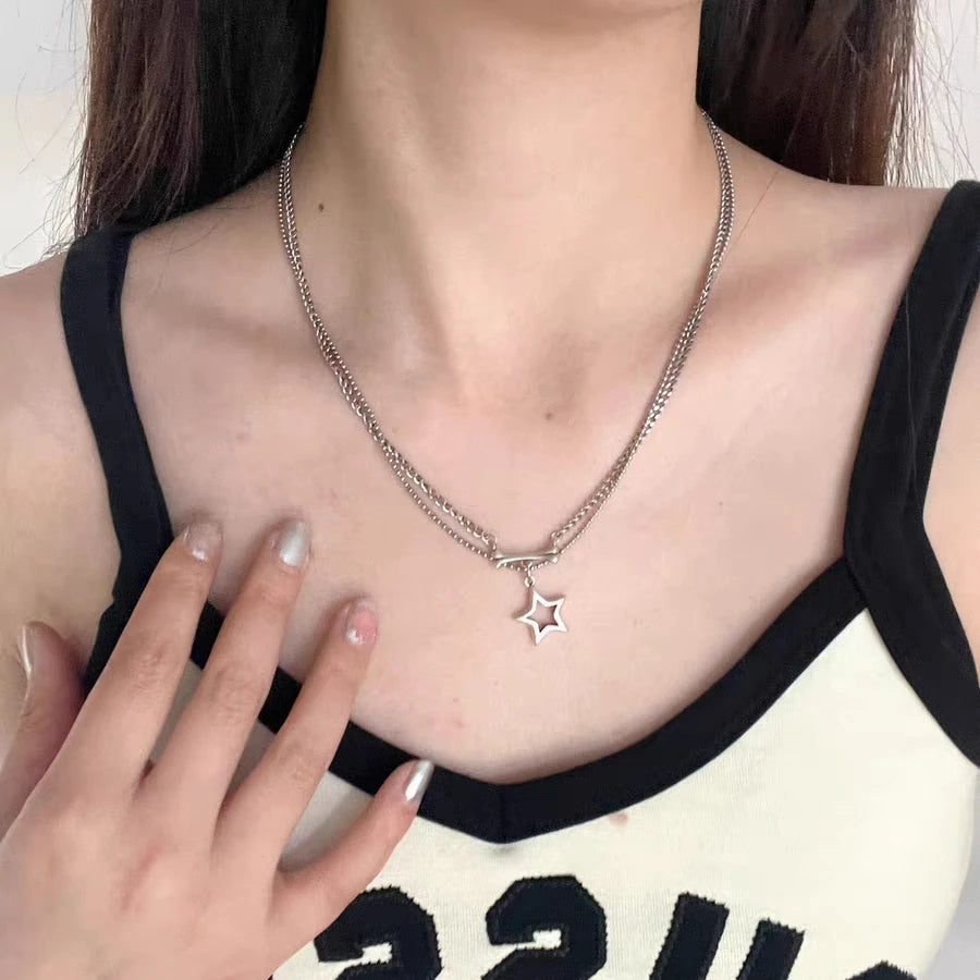 Kpop Goth Silver Color Star Pendant Chain Necklace For Women Men Egirl Y2K Cool EMO Punk Aesthetic Grunge Jewelry Gifts