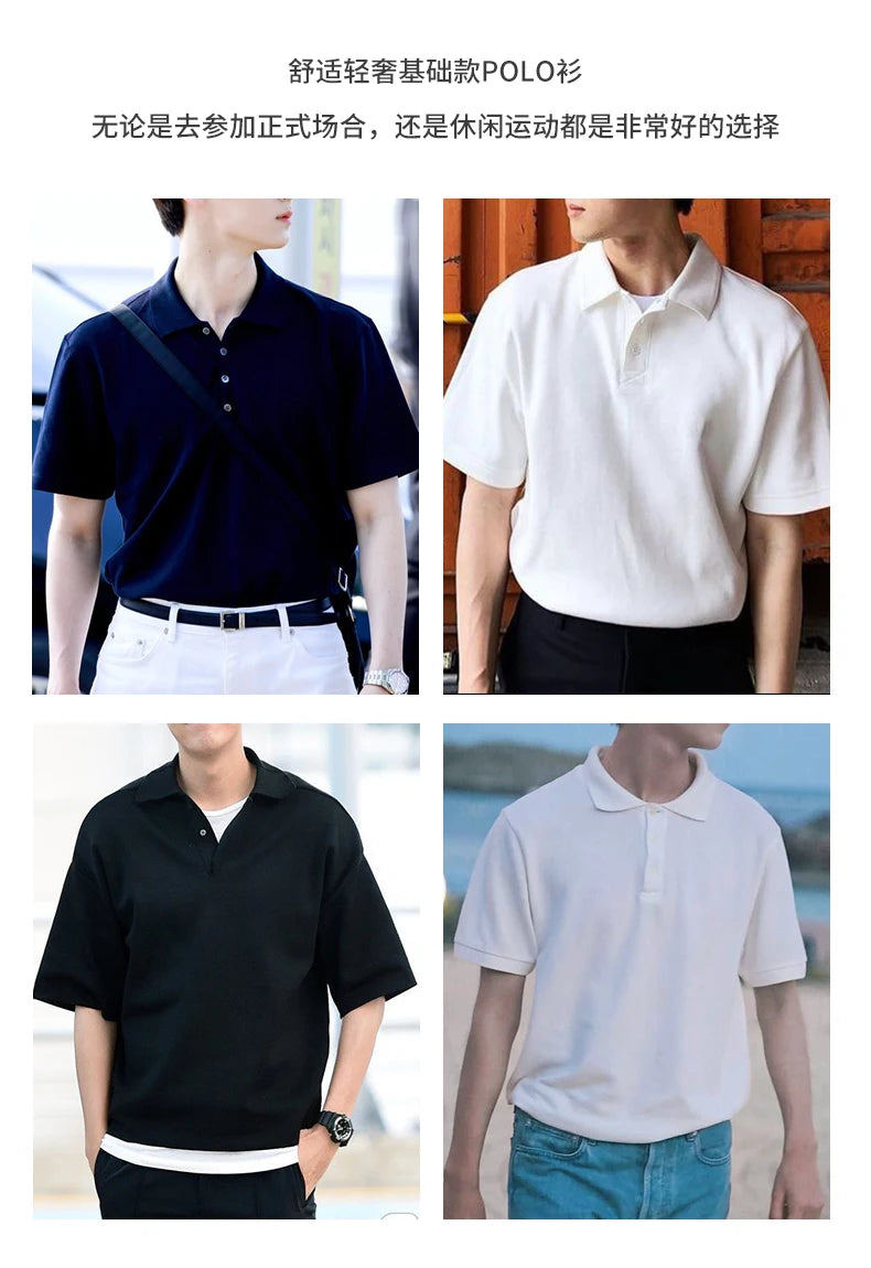 Dukeen Solid Color Polo Shirts for Men Short-Sleeved Golf Wear Summer Korea Style Plain T-Shirts Men's Clothing White Blouse