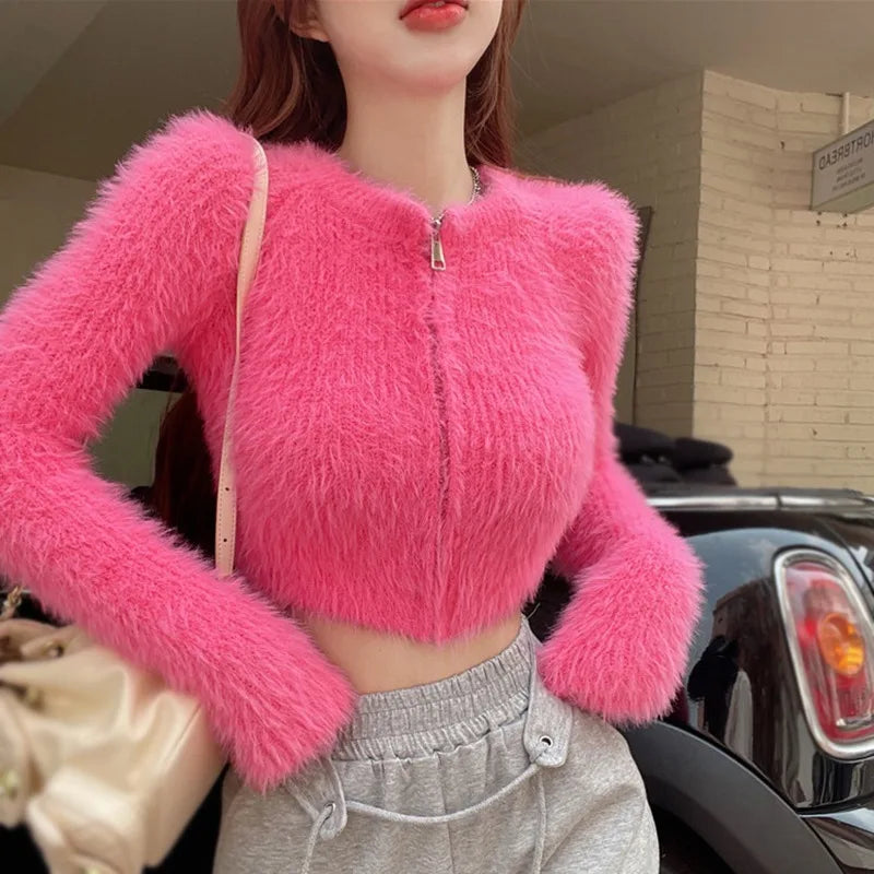 Autumn Winter Coat Women's Sweater Top Knitted Cardigan Plush Off Shoulder Short Style Gentleness Mink Solid Color Zipper Design - reetell