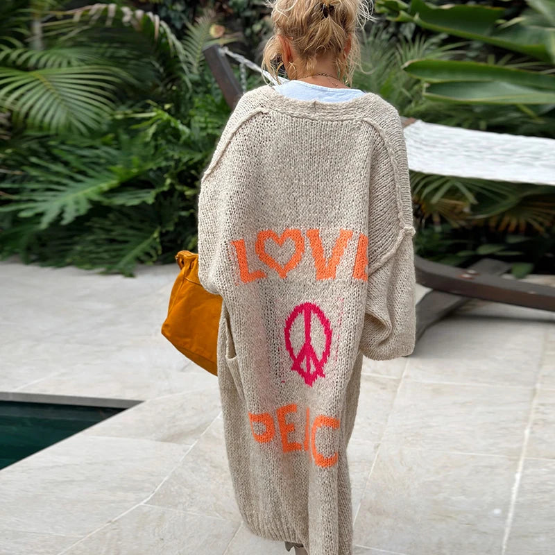 Fashion Letter LOVE & PEACE Knitted Cardigan Female Autumn Lantern Sleeve Casual Sweater Coat Women Winter Elegant Long Outwear - reetell