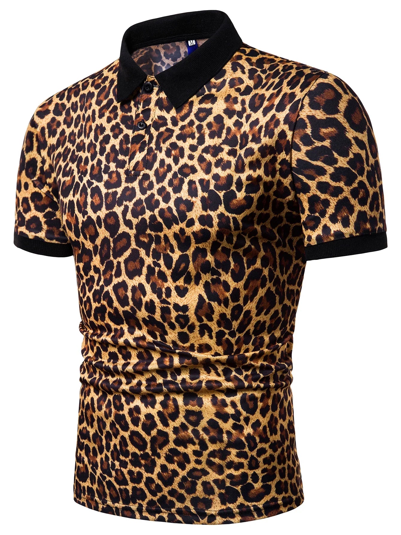 1pc New Men's Fashion T-shirt Leopard Print Short Sleeve Breathable Lapel  Men Clothing